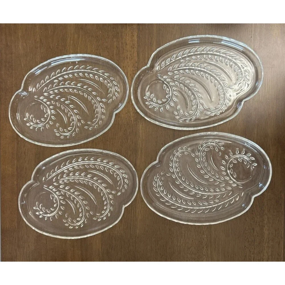 Set of 4 Vintage Wheat Pattern Pressed Glass Dishes Great for Parties & Sushi